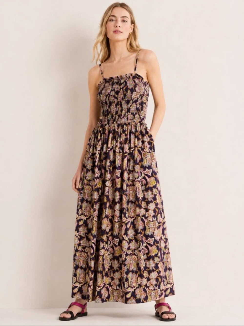 Boden Paisley Smocked Jersey Maxi Dress Convertible Strapless or straps Sz 8